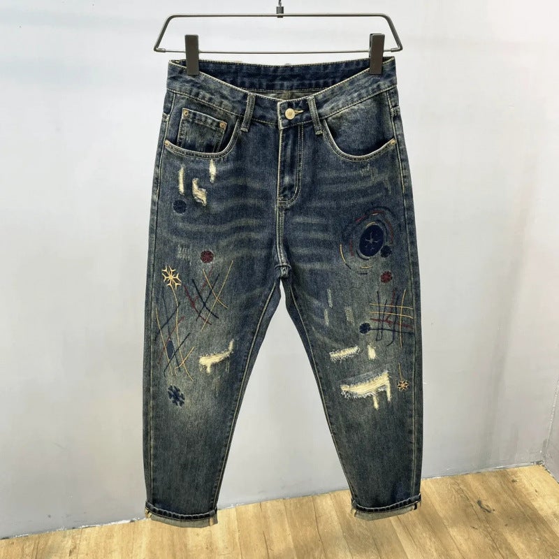 American Style Fried Street Loose Ripped Patch Beggar Jeans Men'S Embroidered Japanese Style Vintage Antique Harlan Tapered Denim - Image 3